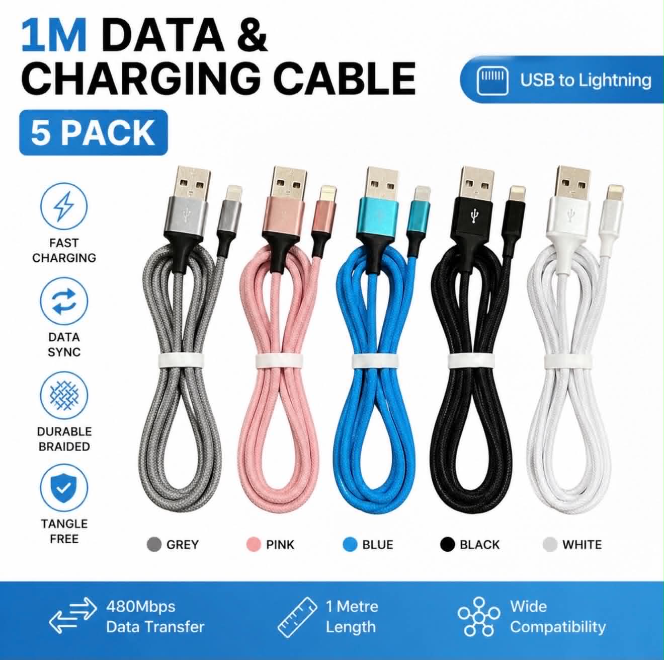 5PC Set USB-A to Lightning Flexible TPE Braided Charging & Data Cable | 1m