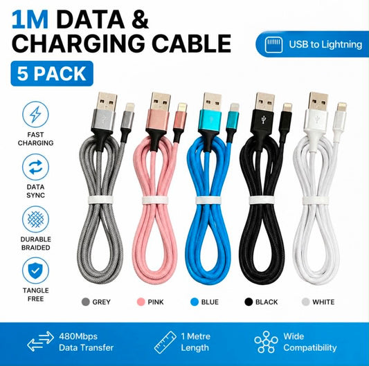 5PC Set USB-A to Lightning Flexible TPE Braided Charging & Data Cable | 1m