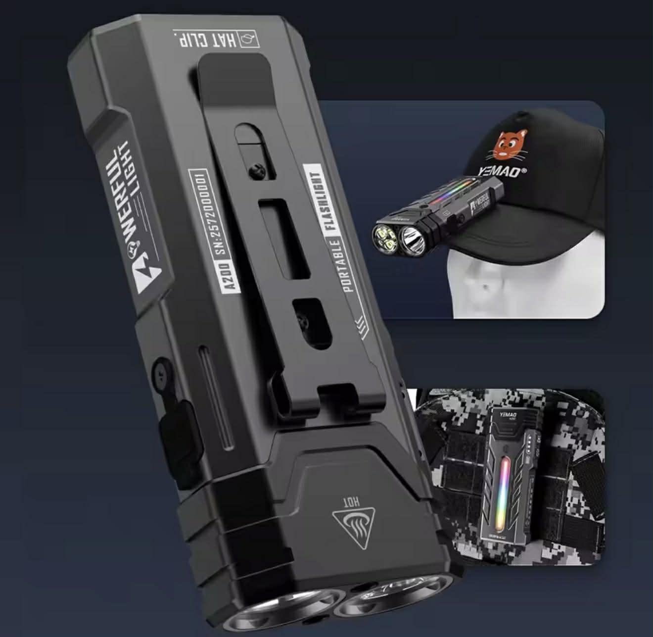 YEMAO A200 Powerful Long-Range EDC Flashlight W/Atmosphere Light, Magnet & Clip