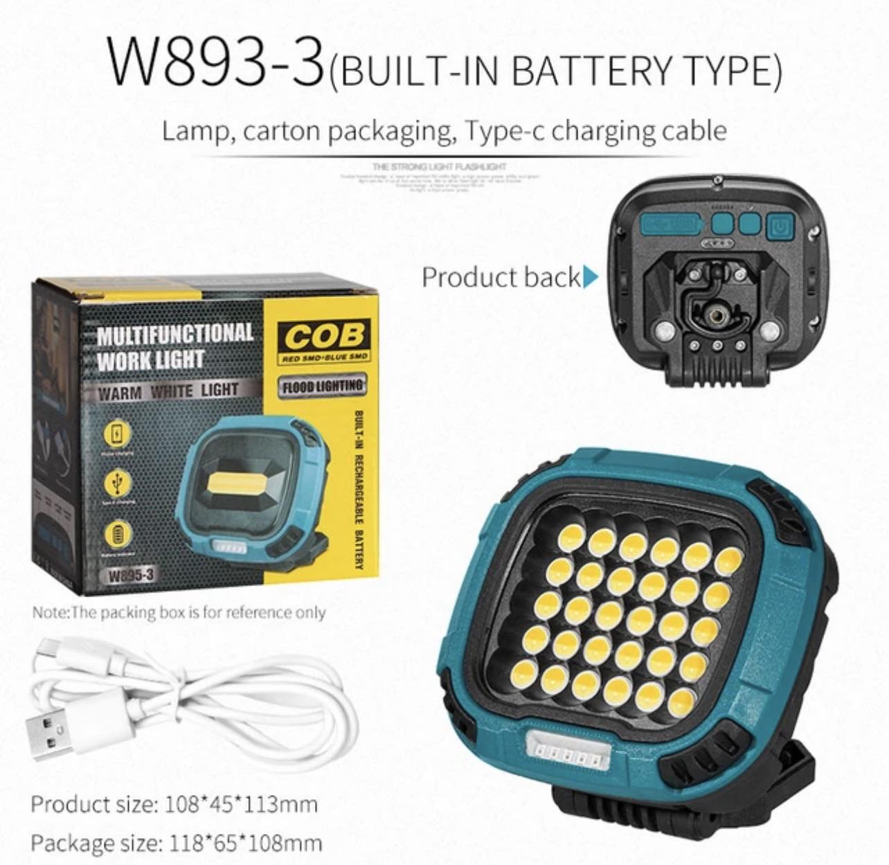 Portable LED Multifunctional Rechargeable Work Light Tricolor + Red W/Magnet
