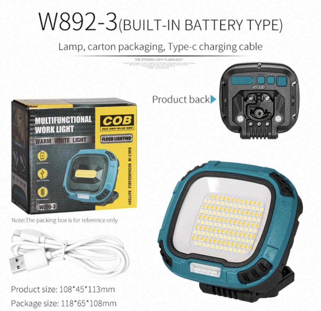 Portable LED Multifunctional Rechargeable Work Light Tricolor + Red W/Magnet