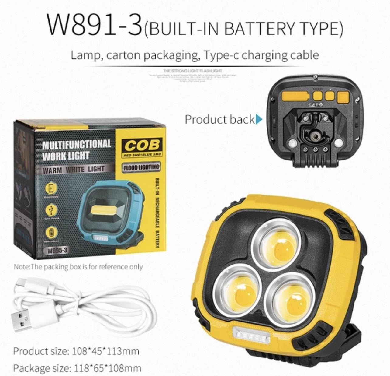 Portable LED Multifunctional Rechargeable Work Light Tricolor + Red W/Magnet