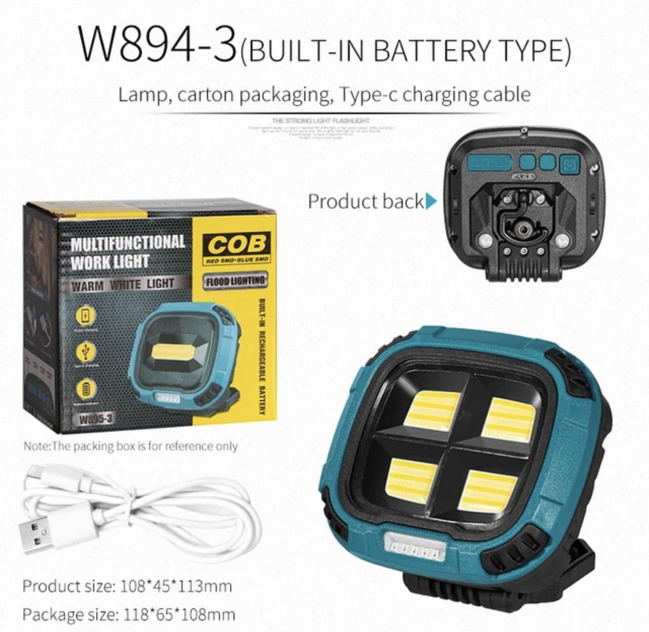 Portable LED Multifunctional Rechargeable Work Light Tricolor + Red W/Magnet