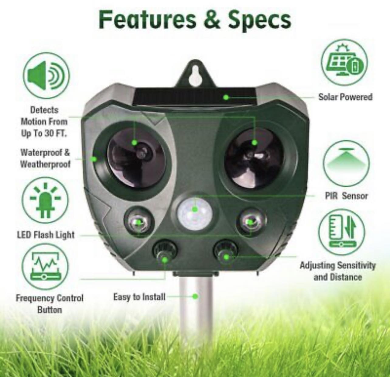 Solar Powered Ultrasonic Animal and Bird Repeller W/Flashing Light