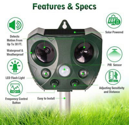 Solar Powered Ultrasonic Animal and Bird Repeller W/Flashing Light