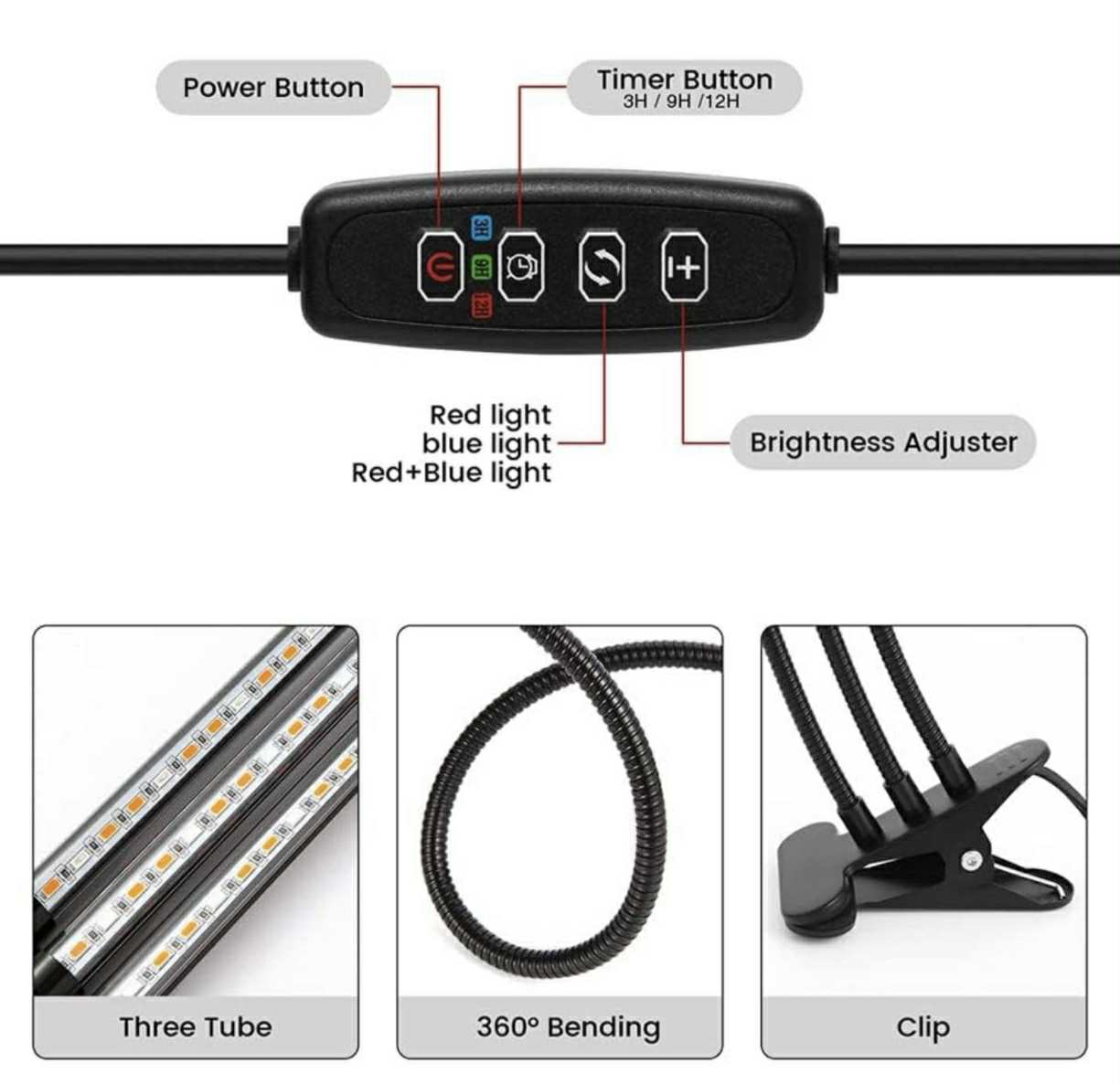 Plant Grow Light – LED Three-Head Clip Type Full-Spectrum USB