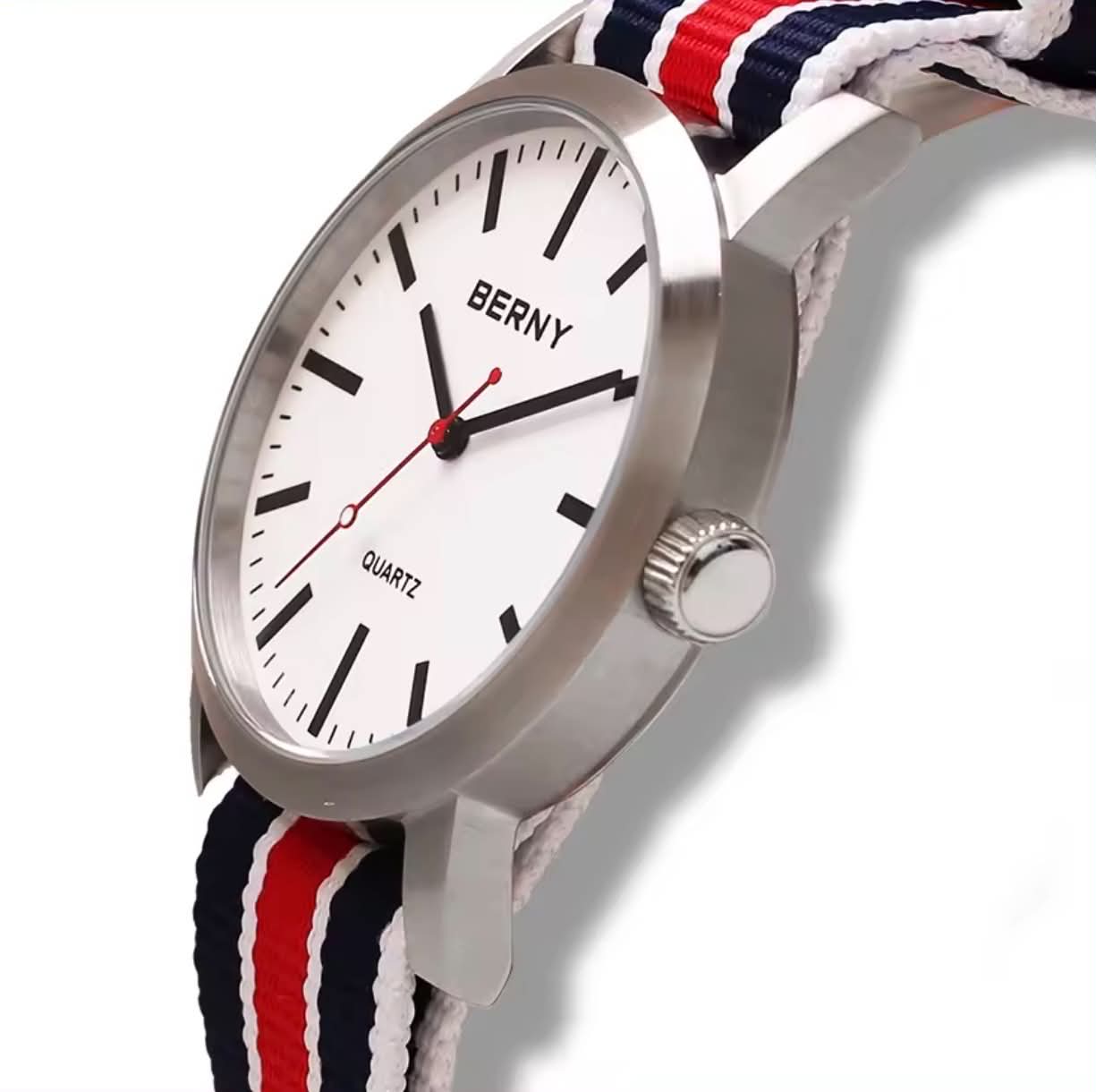 BERNY Railway Men Watch Quartz W/Canvas Woven Strap
