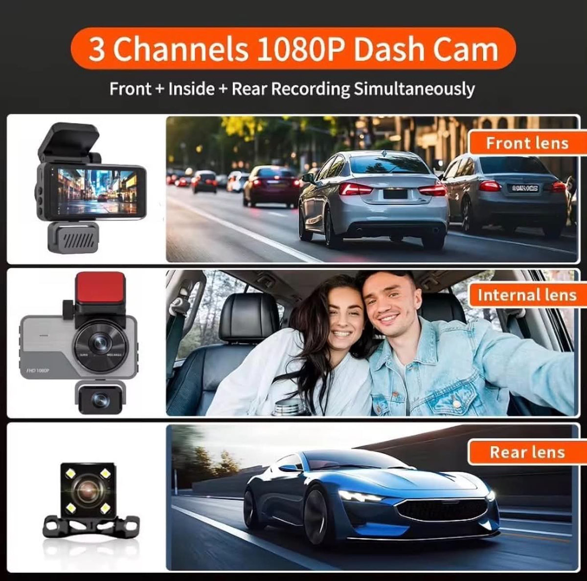 3 Cameras Dash Camera FHD Night Vision W/Display & APP