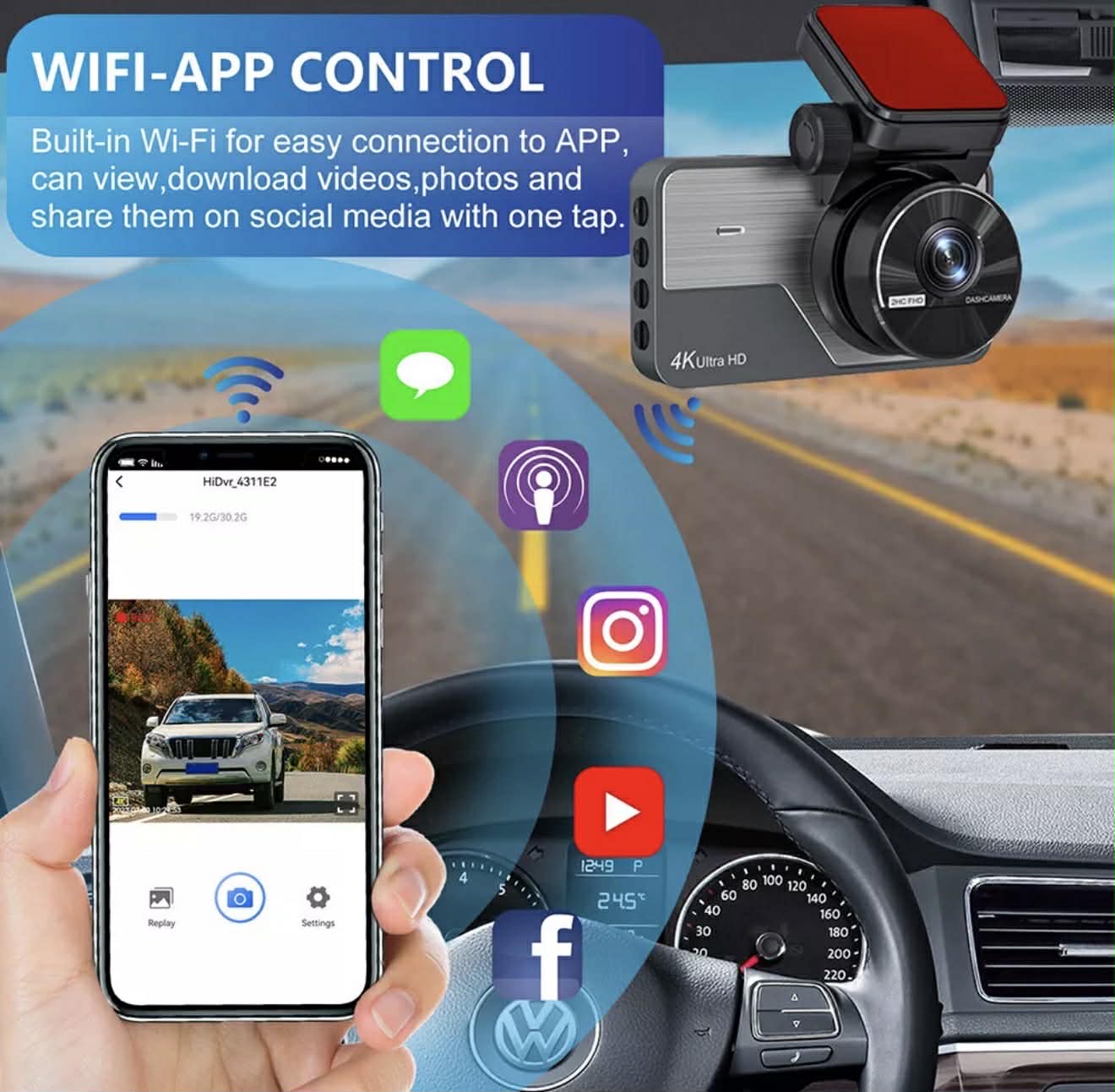 4K UHD 3” Dash Cam Front &amp; Rear Car DVR WIFI W/APP