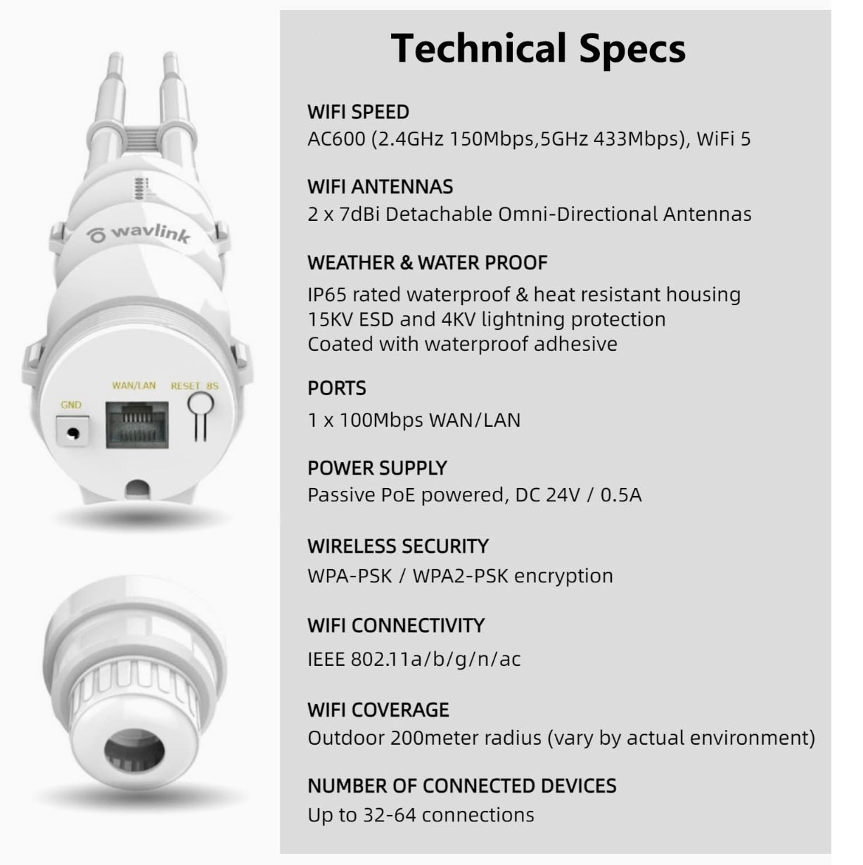 WAVLINK AC600 Dual Band Outdoor Wi-Fi Range Extender W/2*Antenna