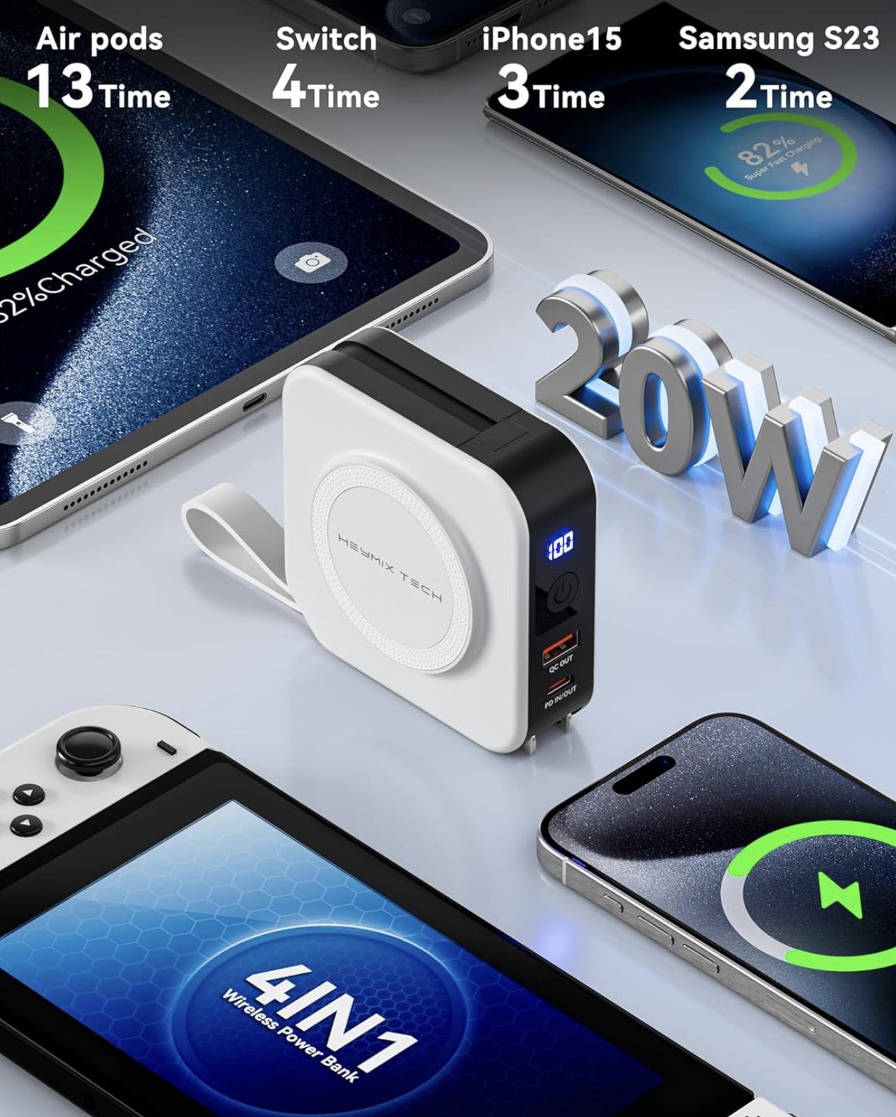 HEYMIX 10000mAh 20W 4-in-1 Power Bank Travel Charger