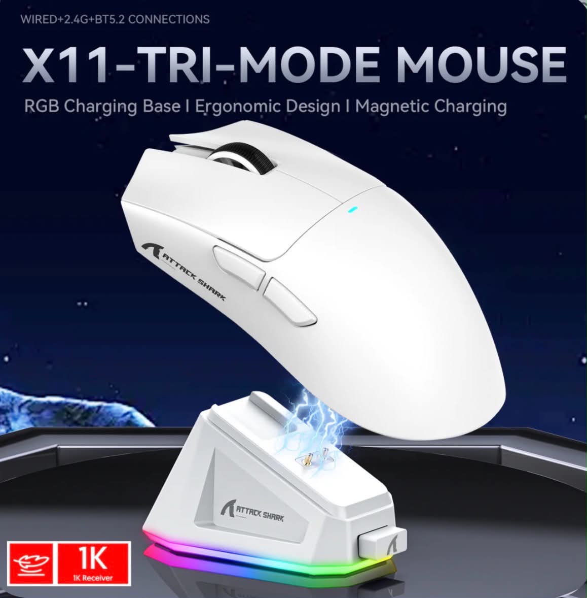 ATTACK SHARK X11 Gaming Mouse W/Magnetic Charging Dock RGB LED