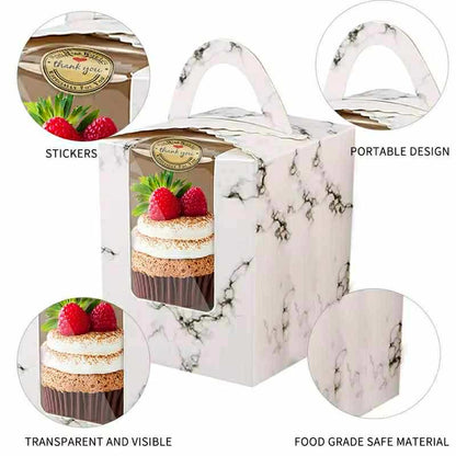 50pcs | 3.2” Paper Cupcake Muffin Box Single Cupcake Holder W/Window + Stickers
