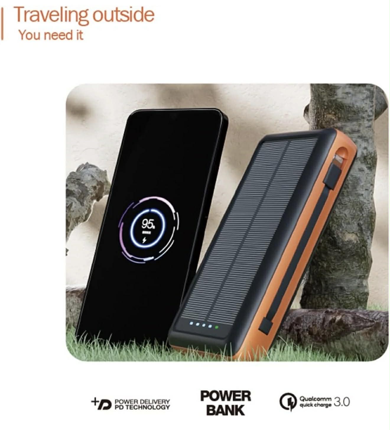Solar Charge Power Bank Built-in 2 Output Cable (iOS + Type-C)