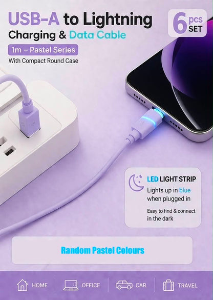 6PC Set USB-A to Lightning Charging & Data Cable Pastel Series