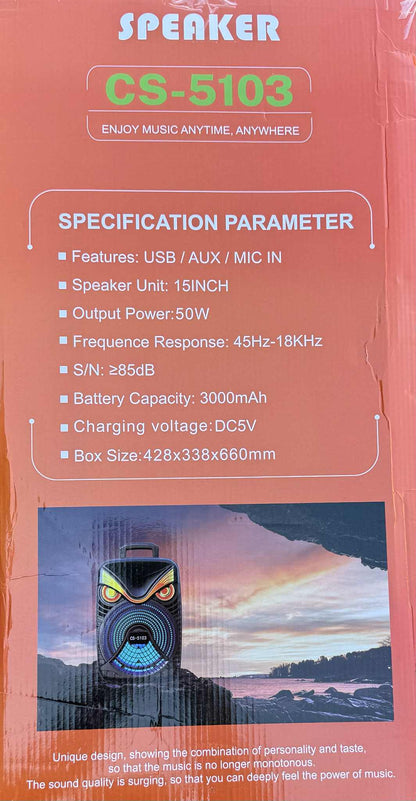 Trolley BT Speaker 15” Colour RGB Light Karaoke W/Wireless Mic | CS-5103