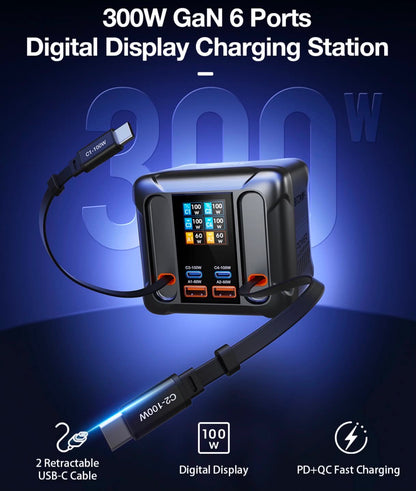 300W GaN USB Desktop Charger Station W/Retractable Cable