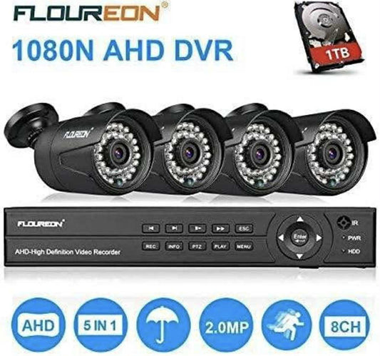 FLOUREON 8CH Security Surveillance DVR System + 4 Pack CCTV Camera W/1TB HDD