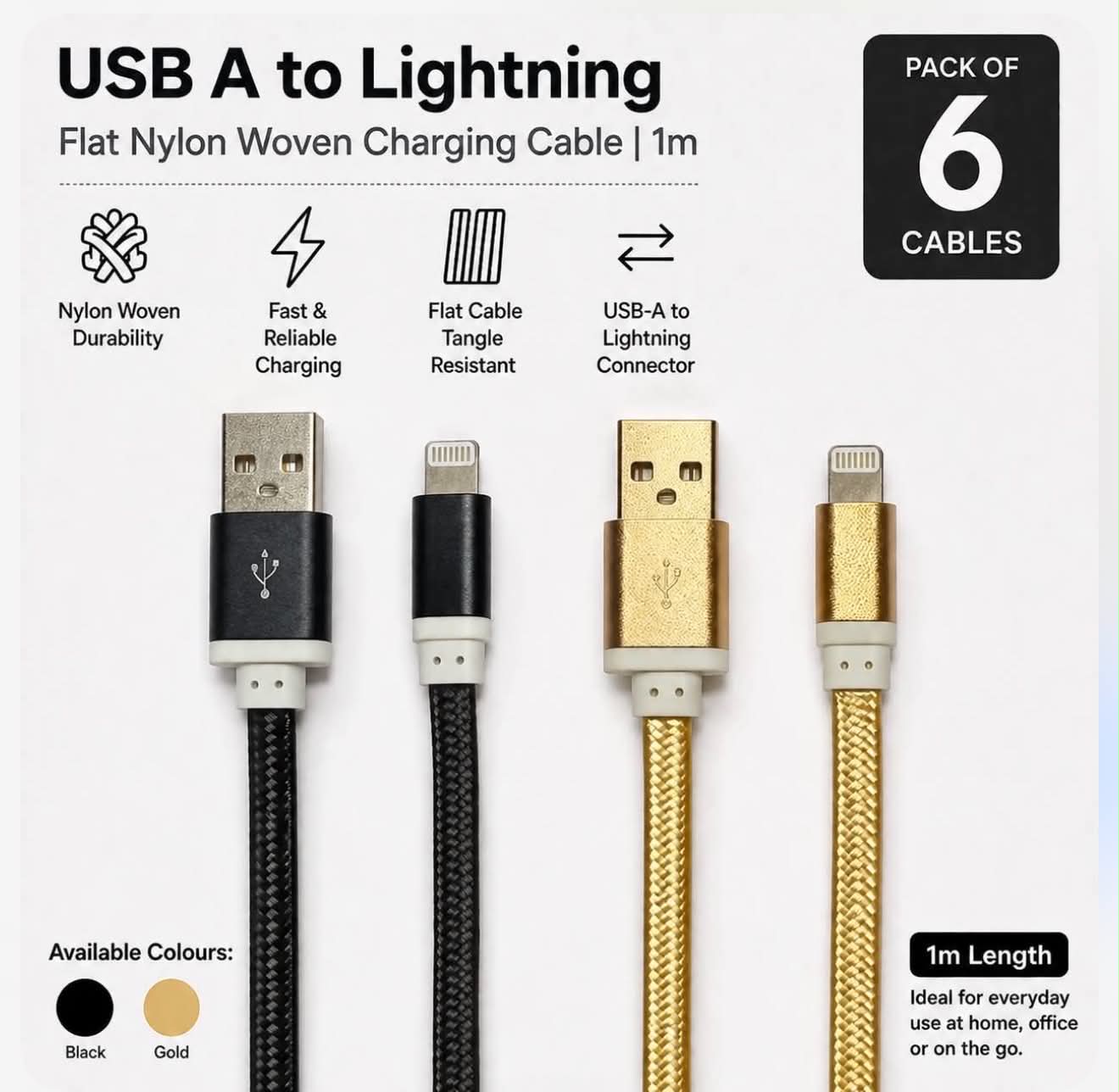 USB A to Lightning Flat Nylon Woven Charging Cable