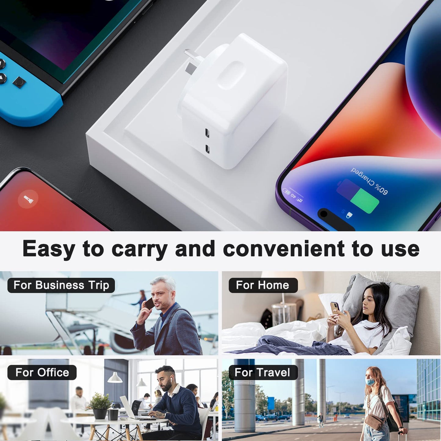 iPhone Fast Charger 35W Dual USB-C Charger 2-Port Power Adapter