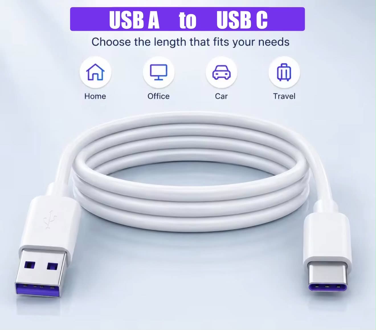 6PK USB A to USB C PVC Purple Charging Cable