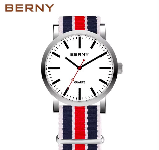 BERNY Railway Men Watch Quartz W/Canvas Woven Strap