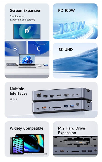 HAGiBiS 15-in-1 USB-C Triple Display M.2 SSD Docking Station 2.5G Ethernet