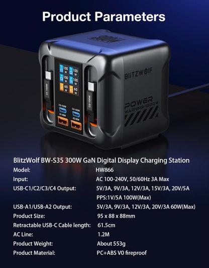 300W GaN USB Desktop Charger Station W/Retractable Cable