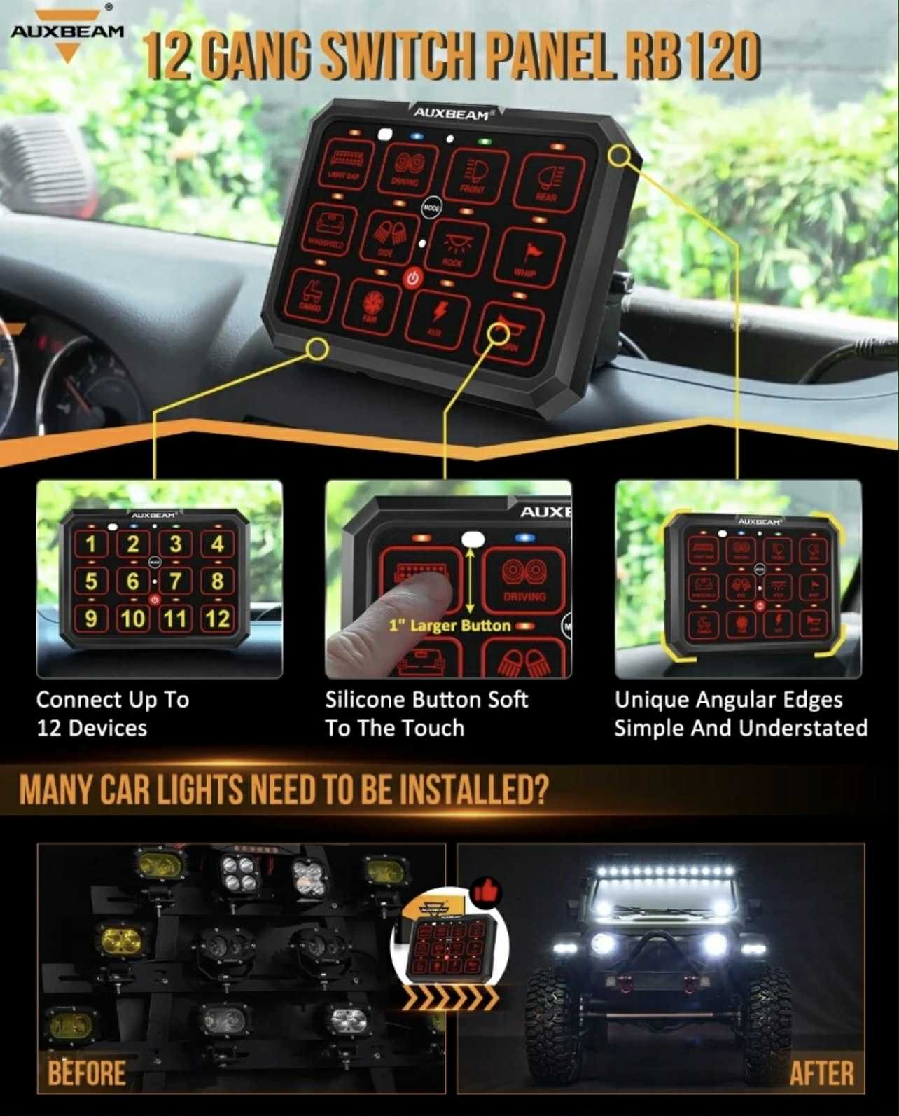 AUXBEAM 12 Gang Switch Panel W/RGB Backlight | RB120 | 12V - 24V