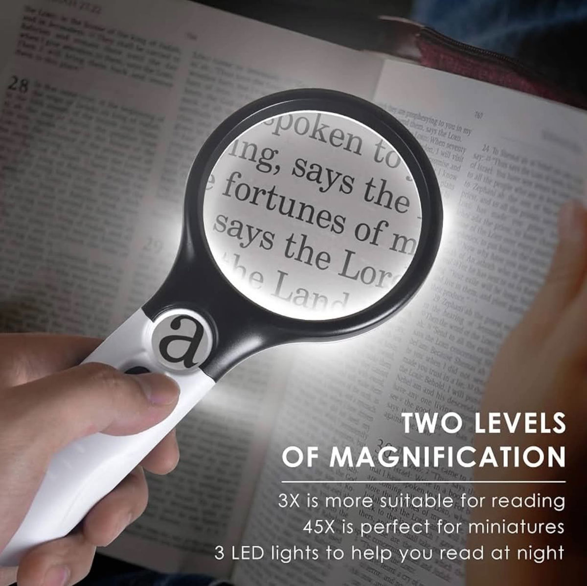 Handheld Magnifying Glass Dual Lens 3X & 45X W/3 LED Lights