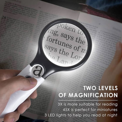 Handheld Magnifying Glass Dual Lens 3X & 45X W/3 LED Lights