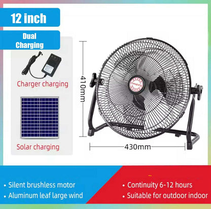 12” Portable Solar Rechargeable Fan W/Solar Panel & AC Charger