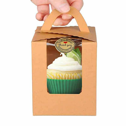 50pcs | 3.2” Paper Cupcake Muffin Box Single Cupcake Holder W/Window + Stickers