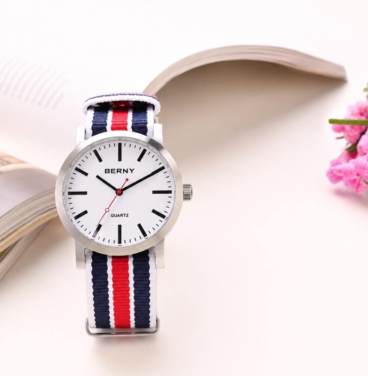 BERNY Railway Men Watch Quartz W/Canvas Woven Strap