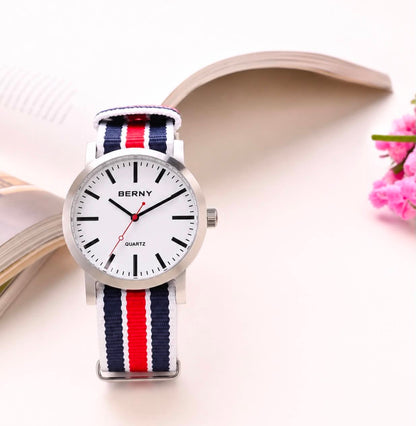 BERNY Railway Men Watch Quartz W/Canvas Woven Strap