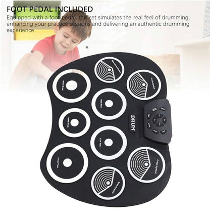 Electronic Roll Up Drum Kit: 9-Pad W/Foot Pedals & Drumsticks