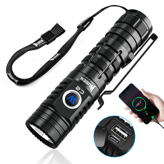 WUBEN C2 USB Rechargeable LED Flashlights with Power Bank 7 Modes 2000 High LM IP68 Waterproof Flashlight