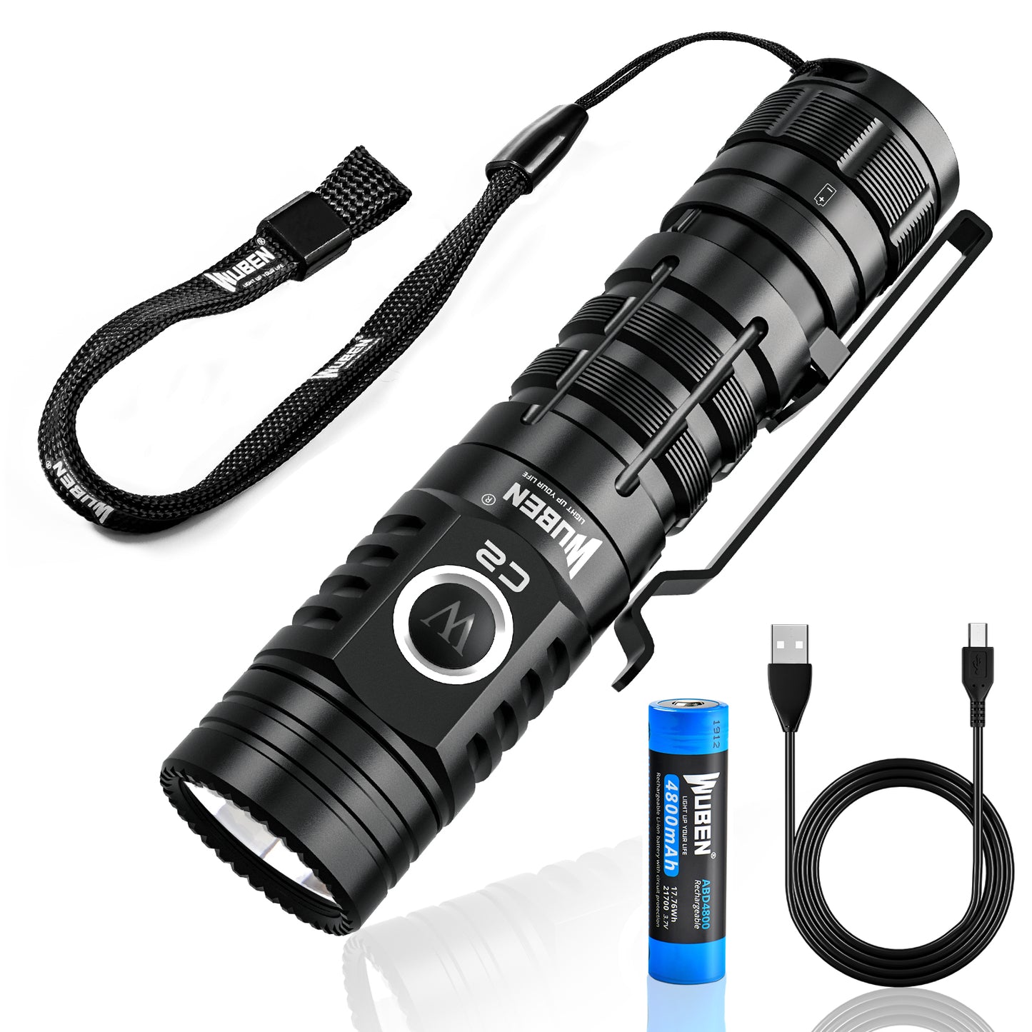 WUBEN C2 USB Rechargeable LED Flashlights with Power Bank 7 Modes 2000 High LM IP68 Waterproof Flashlight