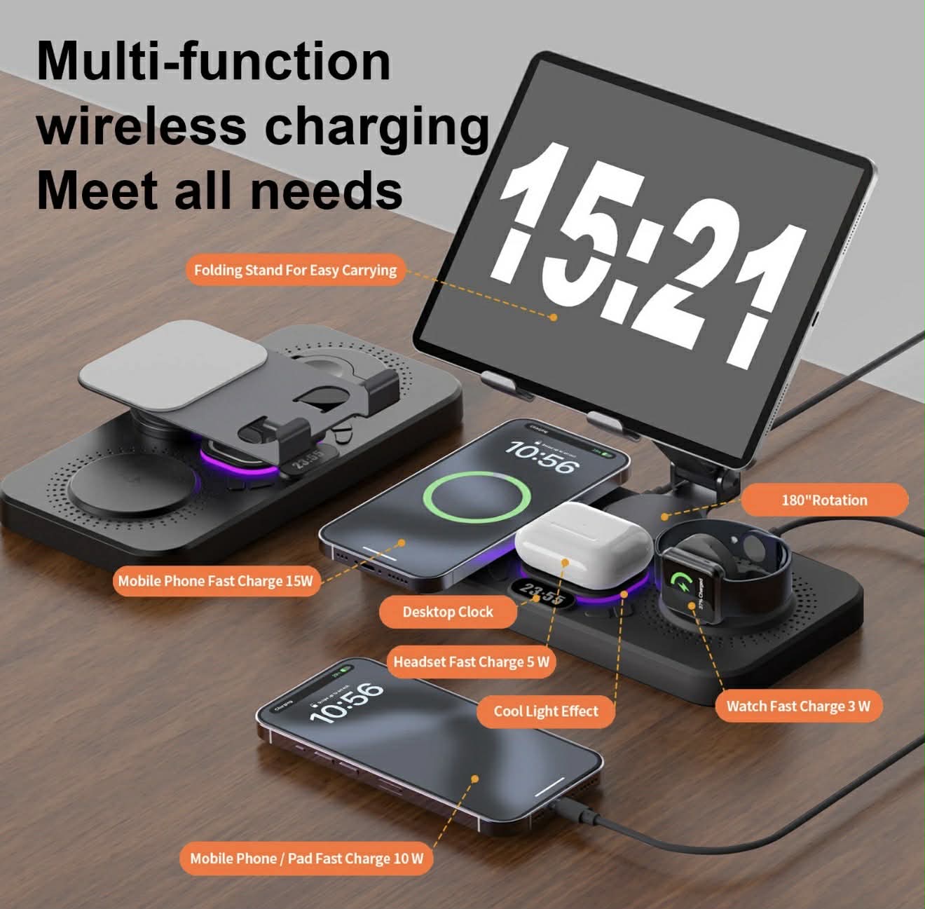 6-IN-1 Wireless Charger Dock Station W/Clock LED | Y21