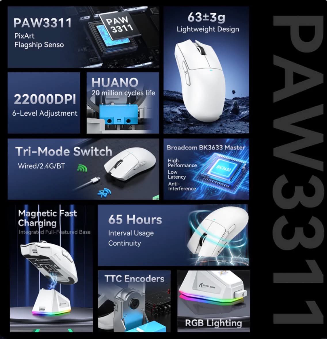 ATTACK SHARK X11 Gaming Mouse W/Magnetic Charging Dock RGB LED