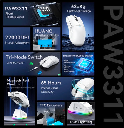 ATTACK SHARK X11 Gaming Mouse W/Magnetic Charging Dock RGB LED
