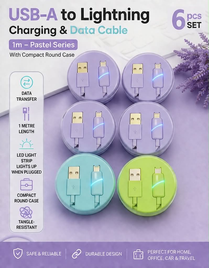 6PC Set USB-A to Lightning Charging & Data Cable Pastel Series