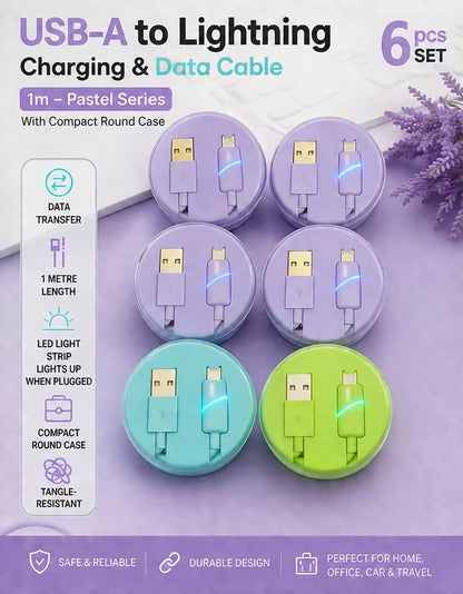 6PC Set USB-A to Lightning Charging & Data Cable Pastel Series