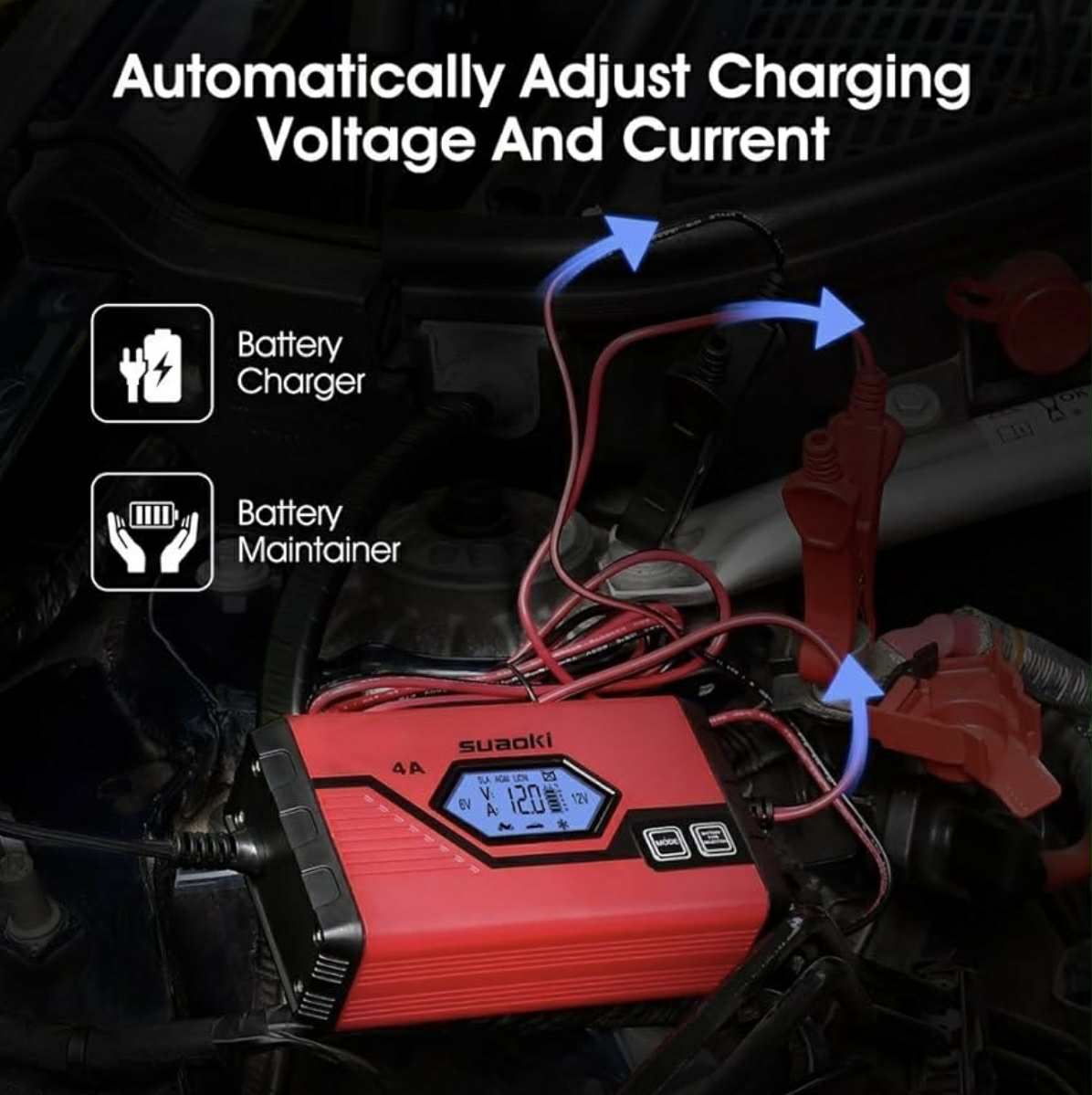 SUAOKI 6V/12V Battery Charger 4AMP Auto Battery Maintainer W/LCD Display