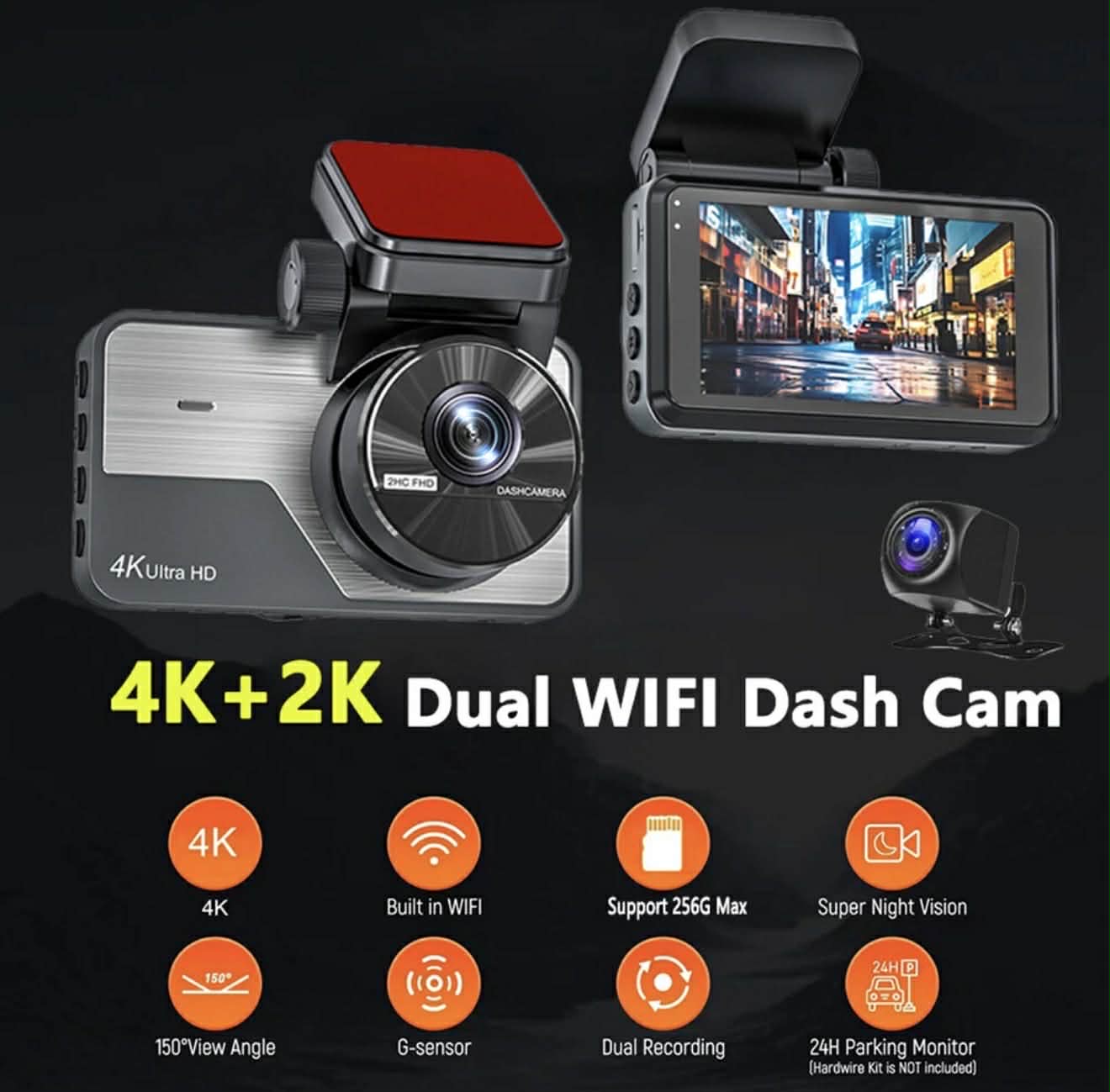4K UHD 3” Dash Cam Front &amp; Rear Car DVR WIFI W/APP