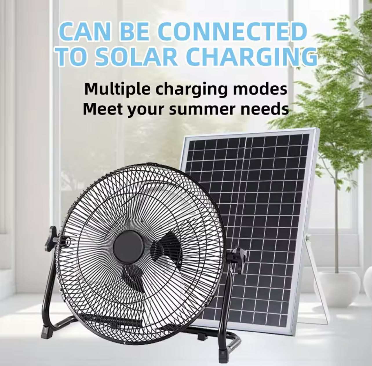 12” Portable Solar Rechargeable Fan W/Solar Panel & AC Charger