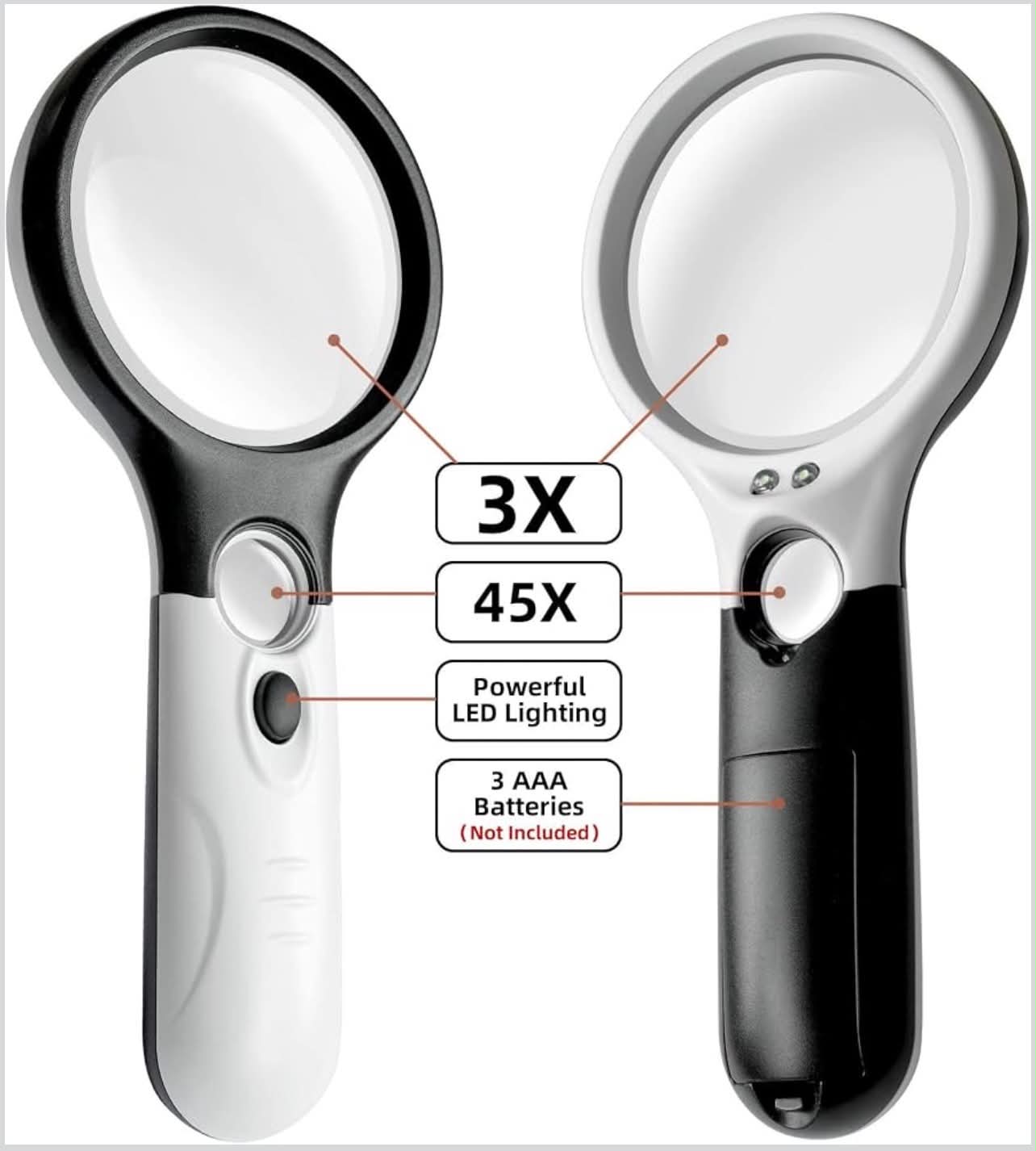 Handheld Magnifying Glass Dual Lens 3X & 45X W/3 LED Lights