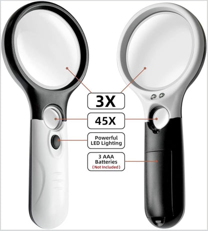 Handheld Magnifying Glass Dual Lens 3X & 45X W/3 LED Lights