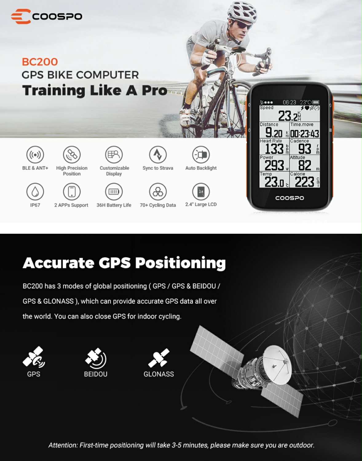 CooSpo GPS Cycling Computer Wireless Bike Speedometer | BC200