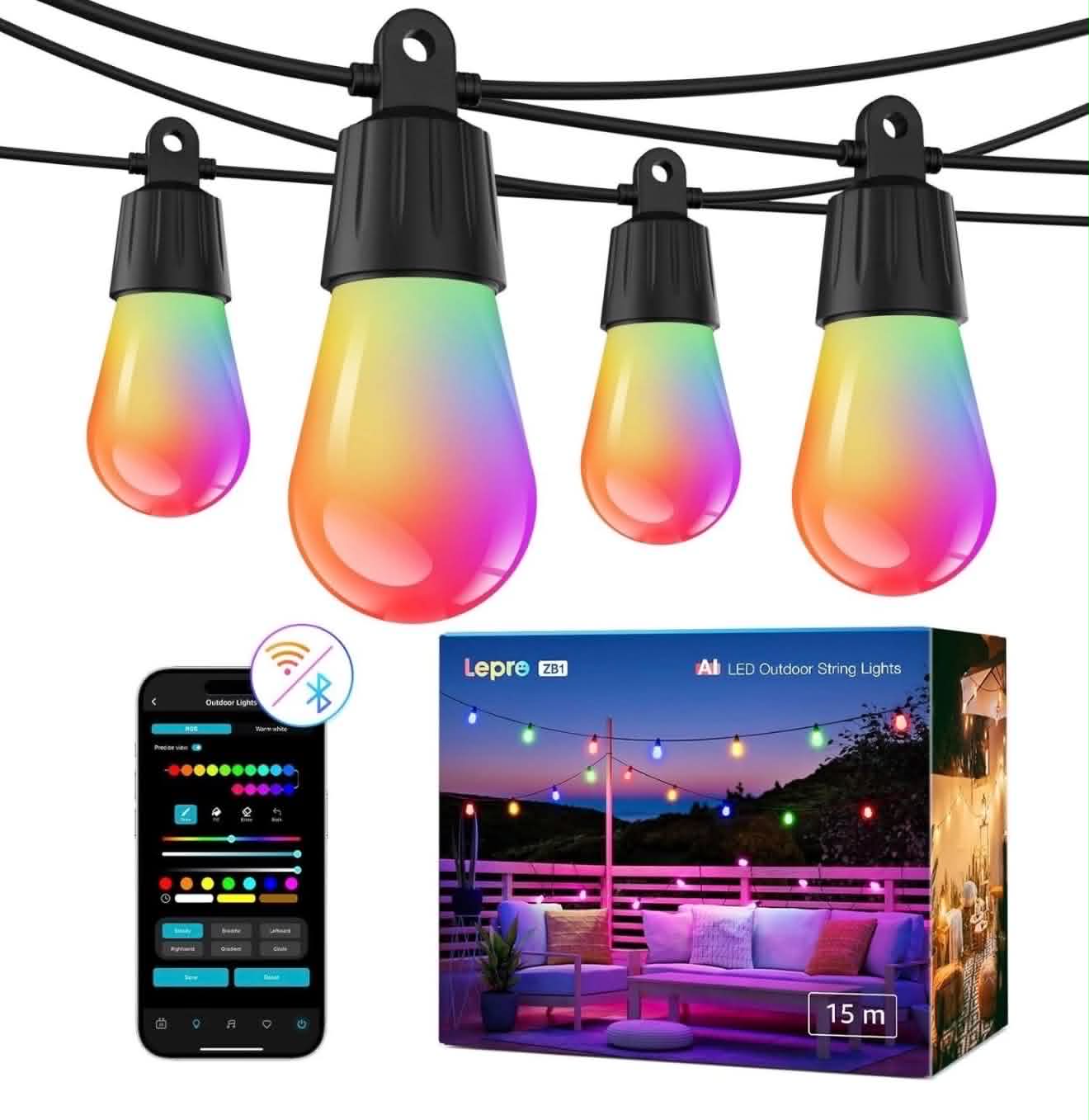 Lepro ZB1 AI Smart Outdoor String Lights W/APP | 15M